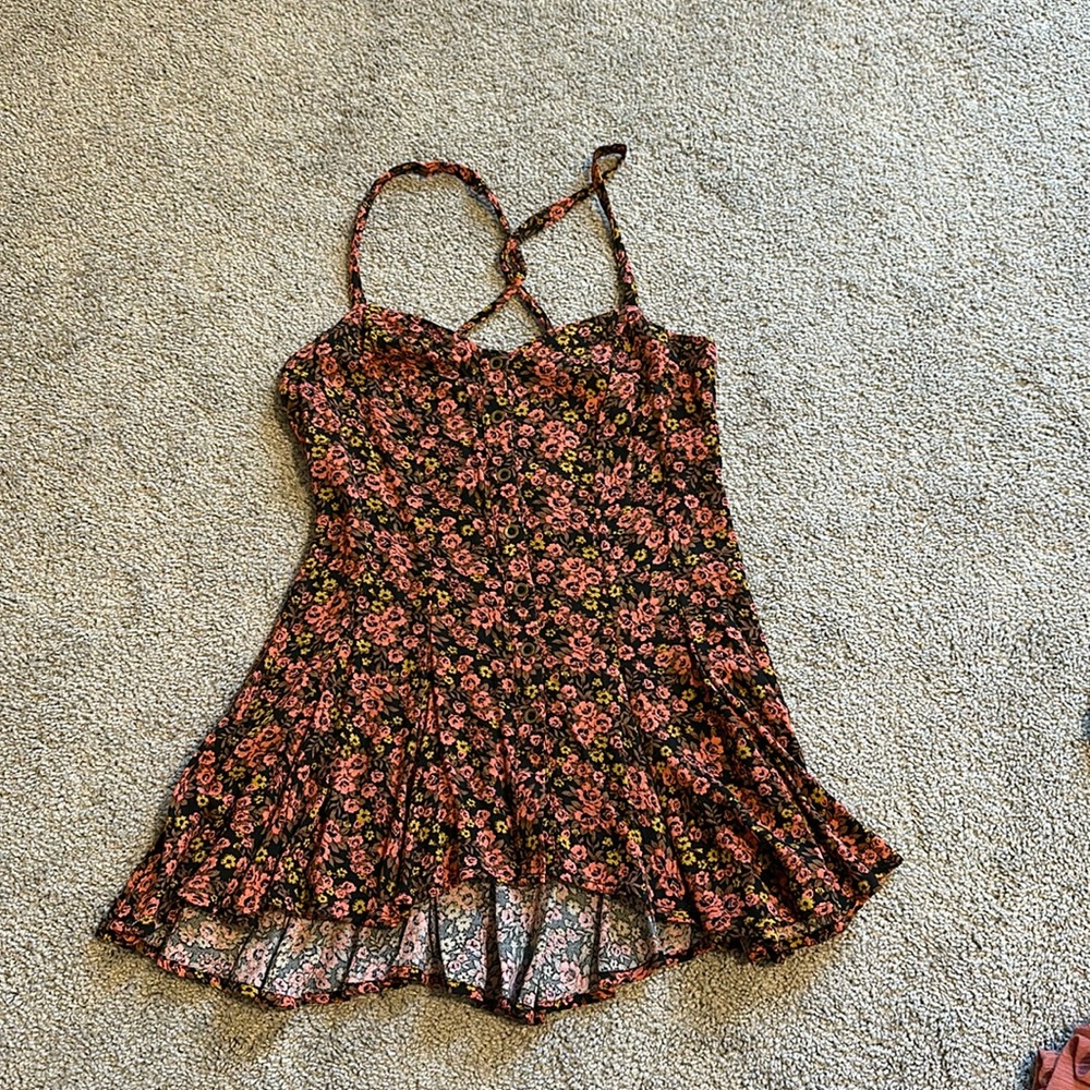 Free people floral bodice button front tank lace up back